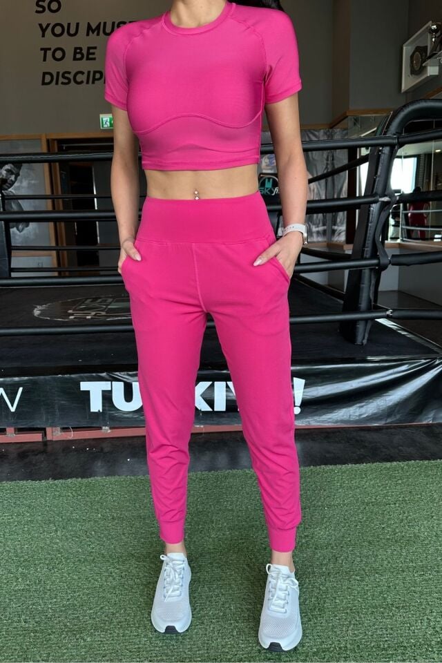 Pembe kadın eşofman jogger fit